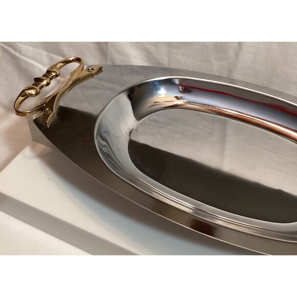 Kromex MCM Silver Serving Bar Tray Dish Platter Gold Metal Handles Mid Century - Picture 7 of 11